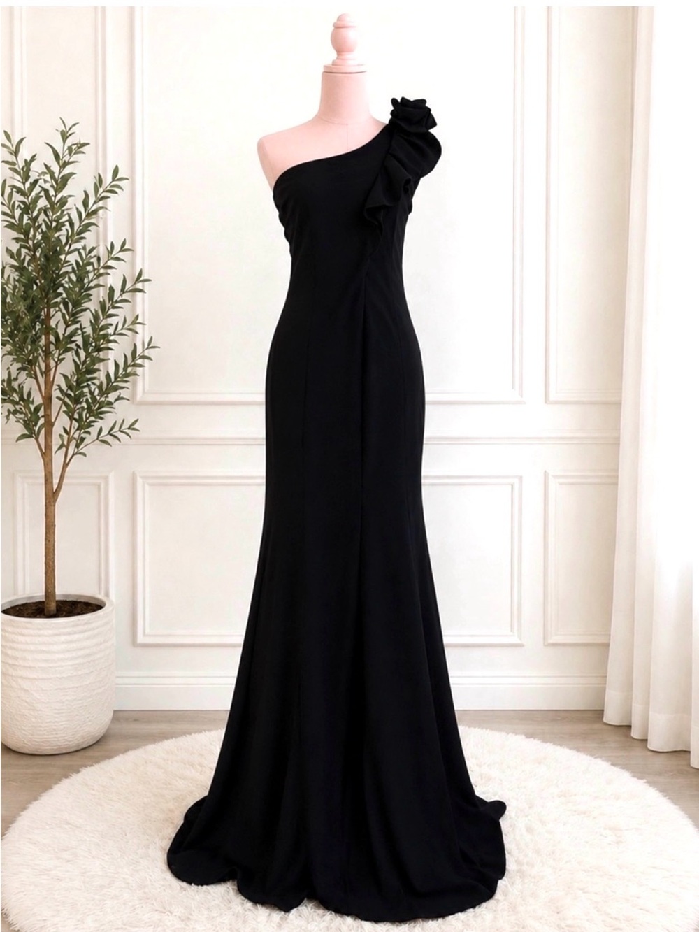 Elegant True Black One-Shoulder Ruffle Maxi Dress Glamorous Evening Wear